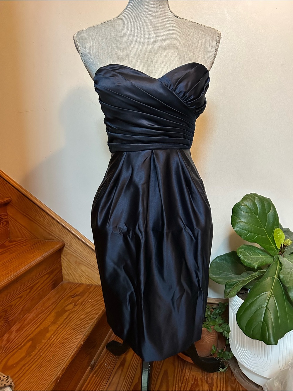 Bari Jay Strapless Black Satin Ruched Cocktail Dress